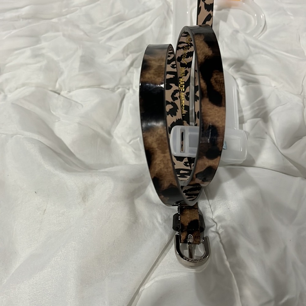 Betsey Johnson Leopard Print Skinny Belt Med Patent Faux Leather Silver Buckle